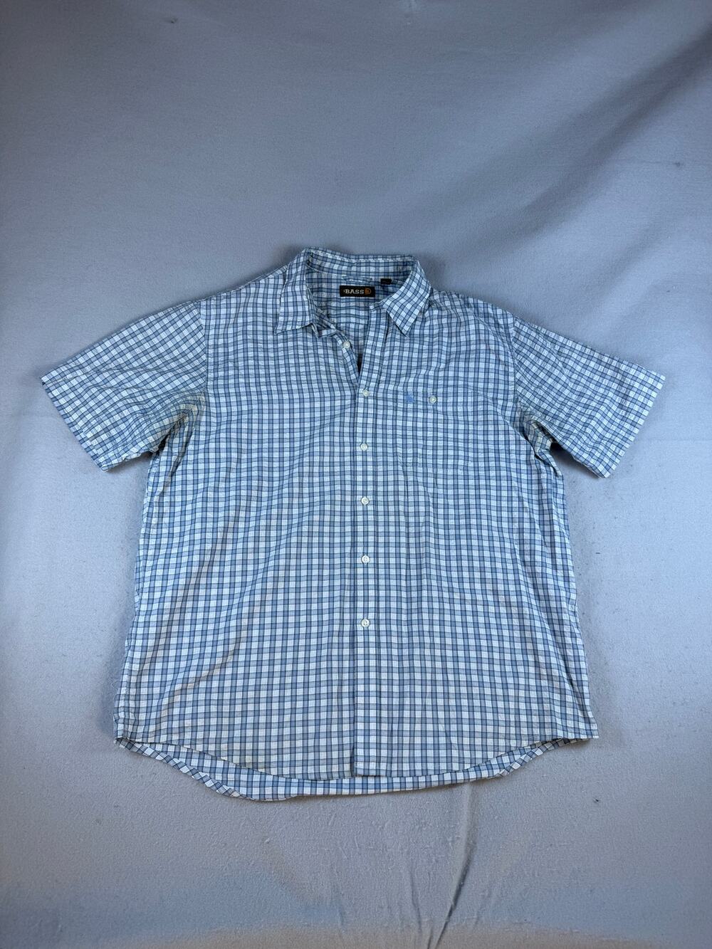 GH Bass Shirt Mens XL Blue White Short Sleeve Button Up Plaid Classic Outdoor